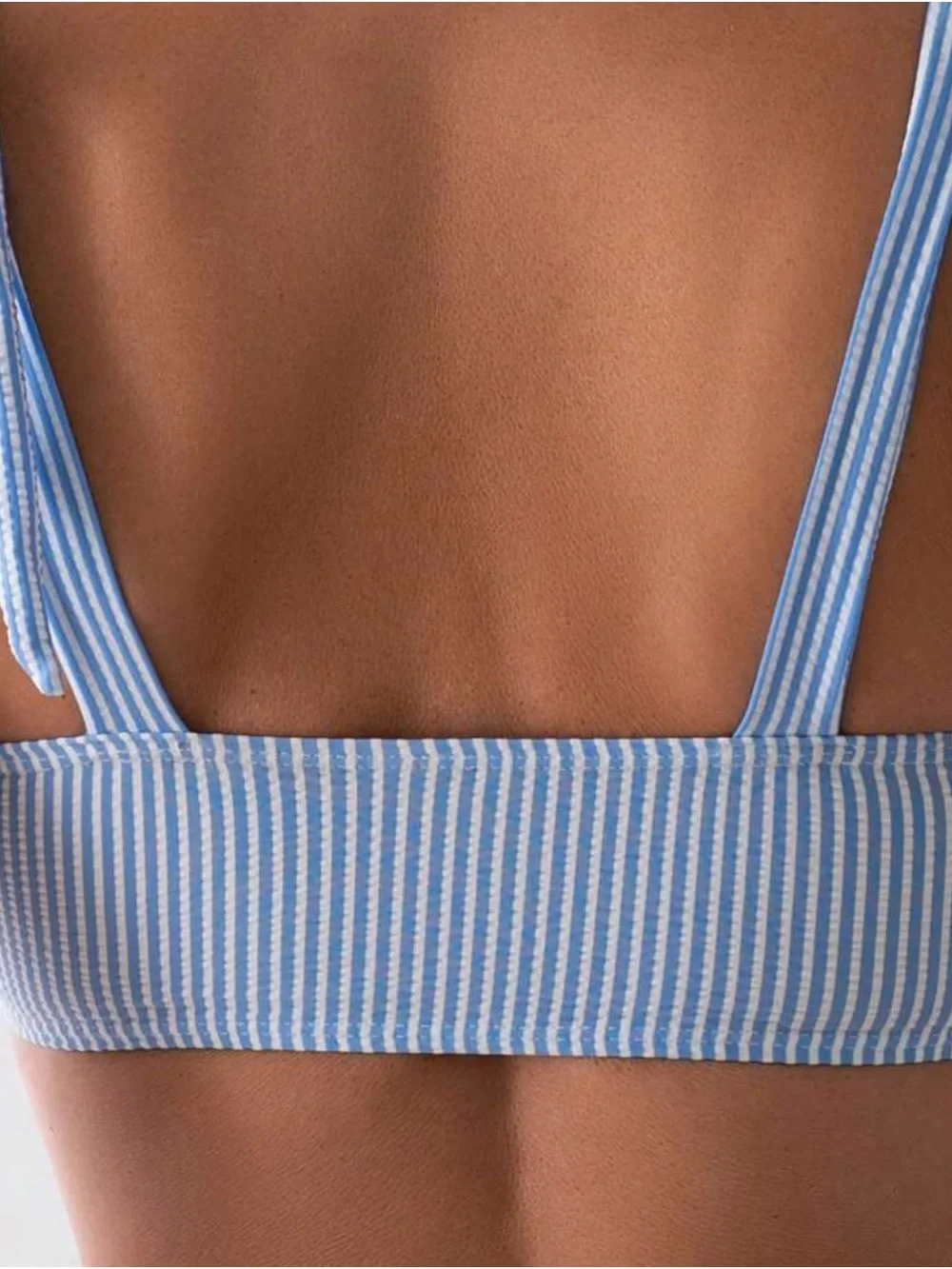 SHEIN Swim Mod Blue White Striped Shoulder Knot Bikini Set M